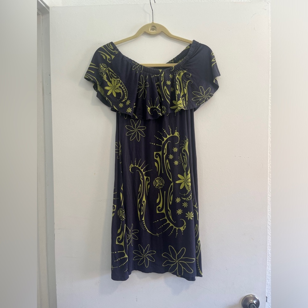 Purple and green wahine Tia off shoulder dress